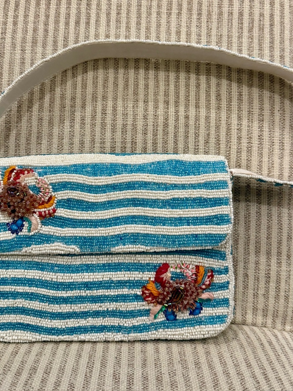 Beaded Blue & White Striped beaded Bag with crab Embellishments #boho #sealife
